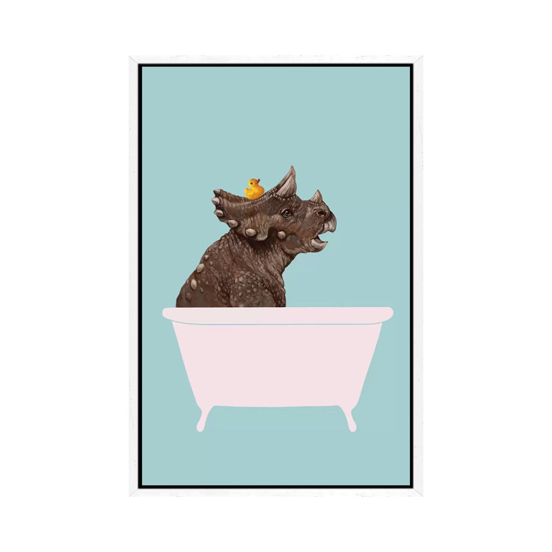 Triceratop In Bathtub by Big Nose Work - Print on Canvas, 101.6 cm H x 66.04 cm W, White Framed Canvas