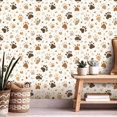 Peel and Stick Wallpaper Contact Paper Doodle brown paw prints seamless for fabric design Self Adhesive and Removable 24in x 118in(60x300cm)