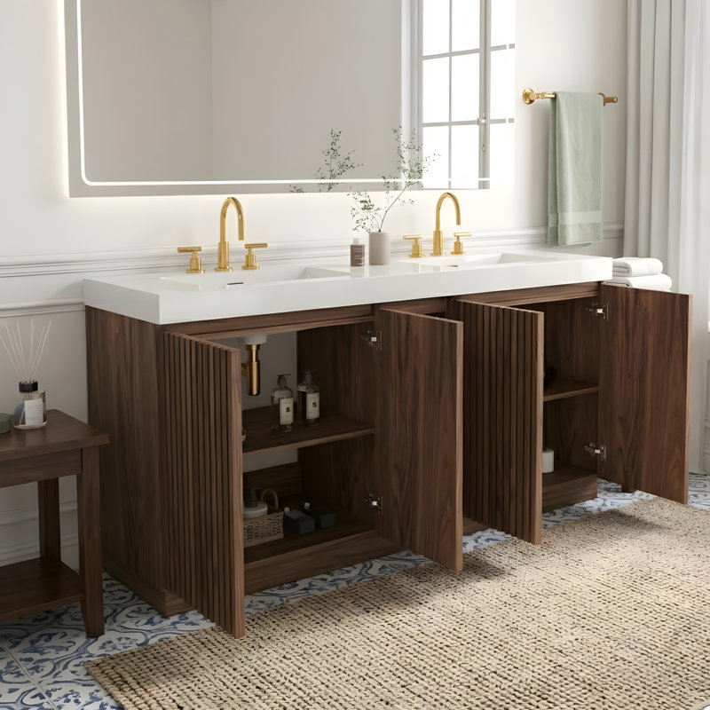 Grand meuble-lavabo autoportant avec lavabo en quartz blanc intégré, Walnut Brown, Blanc
