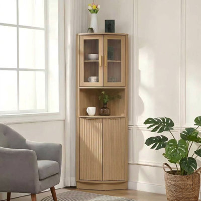 Armoire de coin de 65,7 po de hauteur avec rangement spacieux, armoire de rangement en coin, armoire à boissons en coin pour salle de bain, salon et cuisine, naturel