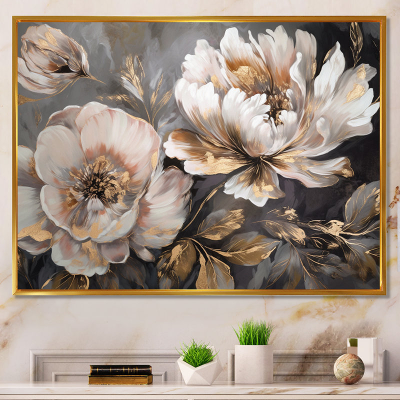 "White Grey Peony Blooms In Motion IV" - pivoines, art encadré, H 34 po x l 44 po, Reproduction avec cadre flottant, Blanc