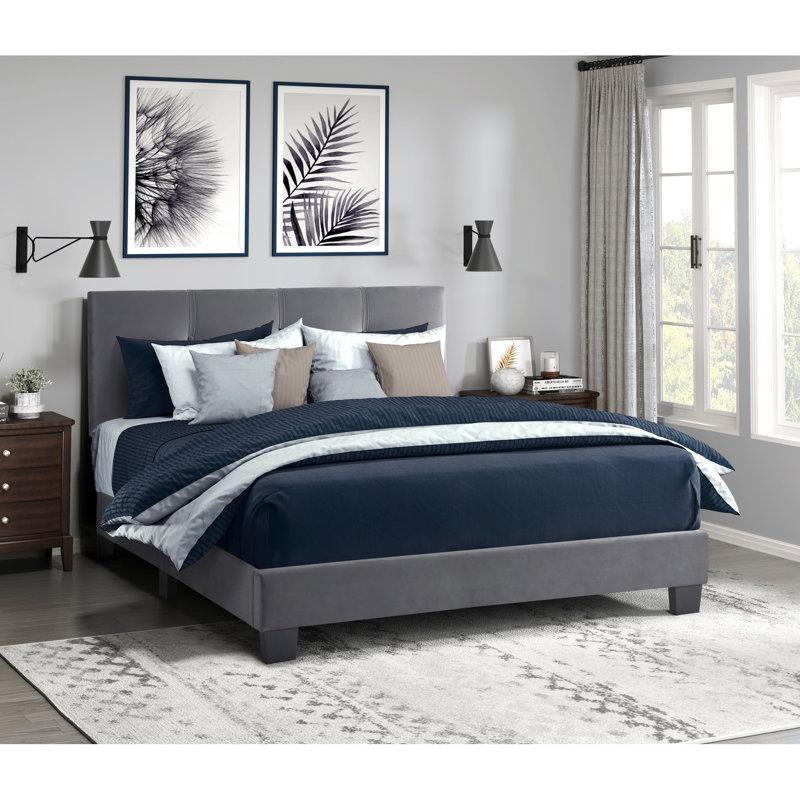 Lit plateforme double en bois massif avec revêtement en velours gris foncé et pour chambre à coucher avec lattes de tête de lit