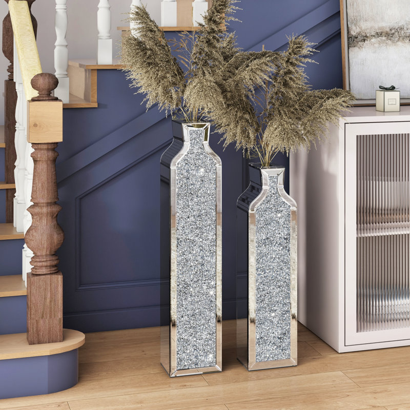 DeGrailly Large Glass Floor Vase Crushed Diamond for Living Home Decor (Set of 2), 30"