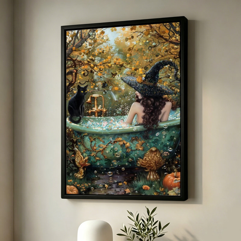 Sorcière d'Halloween dans une baignoire avec un chat noir, tableau sur toile encadré, cadre marron, 40 x 60 cm, 16x24, Brown