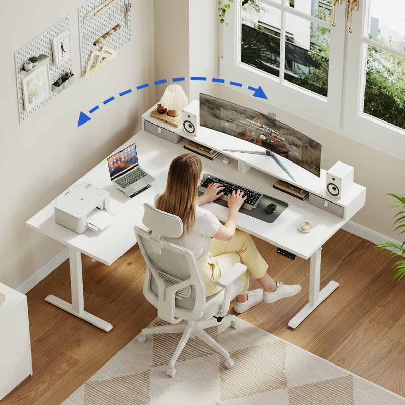 63 Inch L-Shaped Electric Height Adjustable Standing Desk with Drawers & Monitor Shelf, Ergonomic Corner Home Office Desk, with Hooks & Cable Management, White