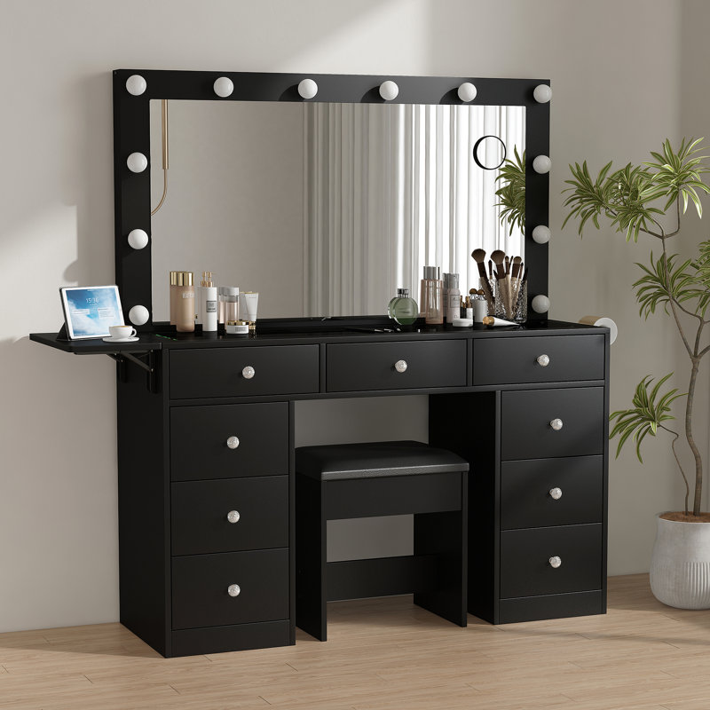 Coiffeuse de maquillage avec miroir et lumières, 3 modes d'éclairage, bureau de coiffeuse avec prise de courant, table de maquillage à 9 tiroirs avec fauteuil, ensemble de meuble-lavabo à plateau en verre