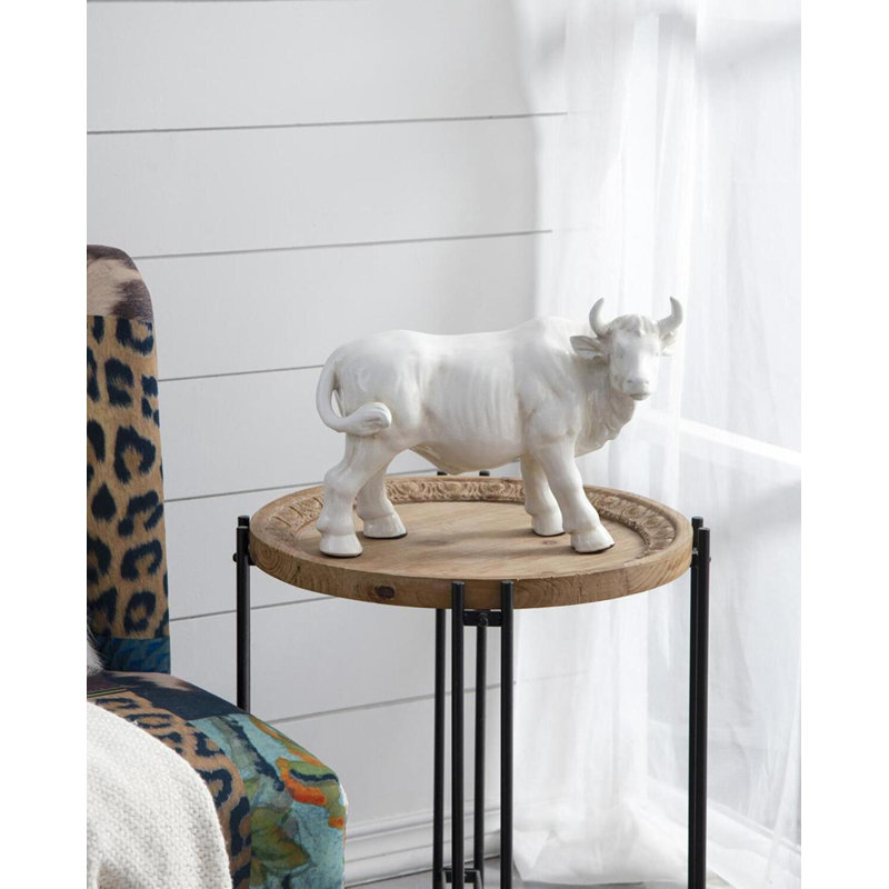 17” x 12” White Ceramic Cow Sculpture with Crackle Glaze, Decorative Farmhouse Animal Figurine for Mantel, Tabletop, Bookshelf, or Desk 