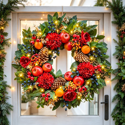Couronne de Noël de 60 cm pour porte d'entrée, couronne lumineuse de Noël avec fleurs rouges, pommes, oranges, baies, pommes de pin et verdure luxuriante, couronne de fruits rustique pour décoration de porte de Noël, décoration intérieure et extérieure couverte