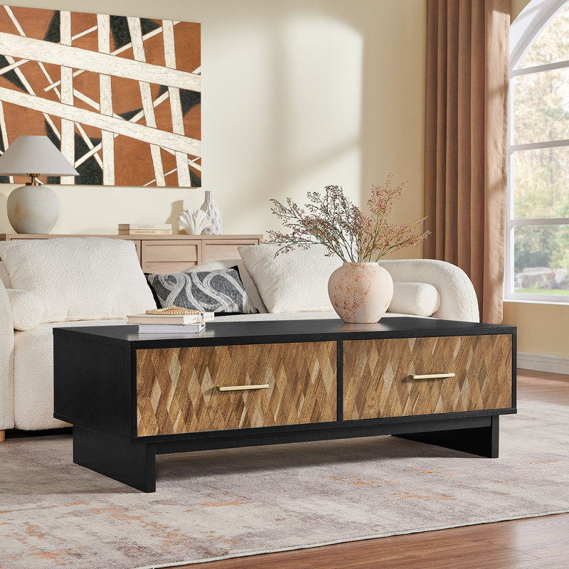 Estelle Elegant Two-Tone Coffee Table with Geometric Drawers and Brass Handles, Matte Black