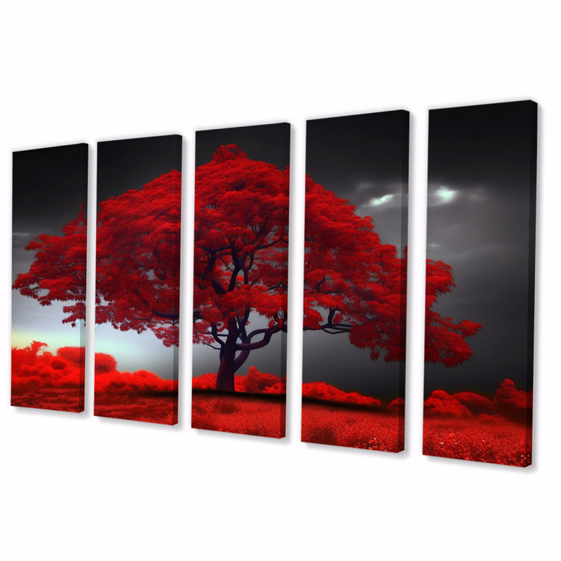 «Majestic Red Tree Nature Photographie III», impression d'art mural paysage - 5 panneaux égaux