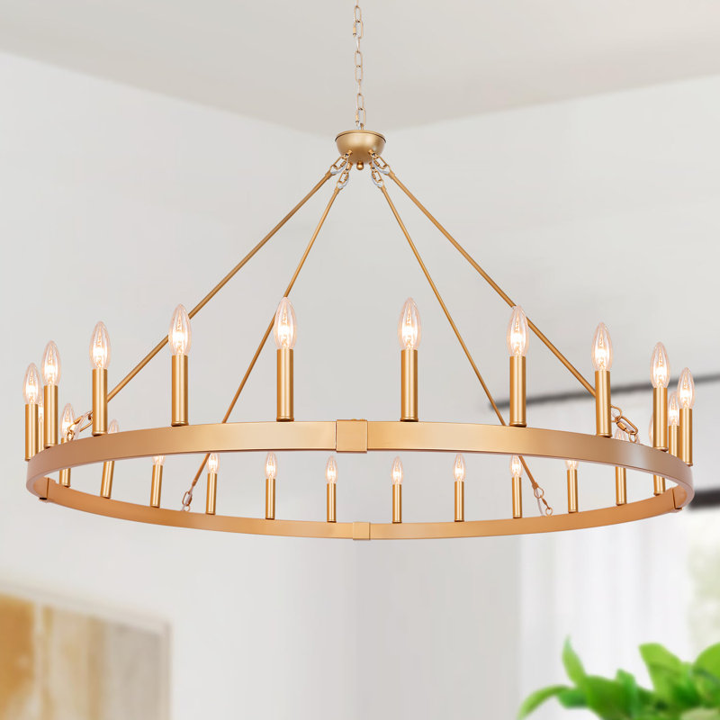 Lustre en roue de chariot à 24 lumières Farmhouse 48 ", très grands lustres pour hauts plafonds, Doré