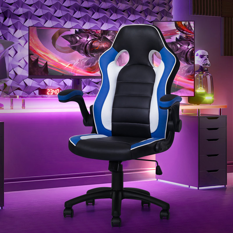 Faux Leather Chair with Floor Protector Mat Set, PU Computer Gaming Racer Seat with Flip-Up Handrail, Black/White/Blue