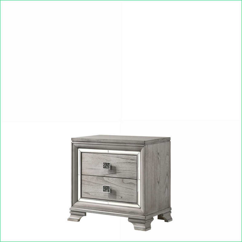Table de chevet contemporaine en bois massif gris clair avec 2 tiroirs et détails de miroir