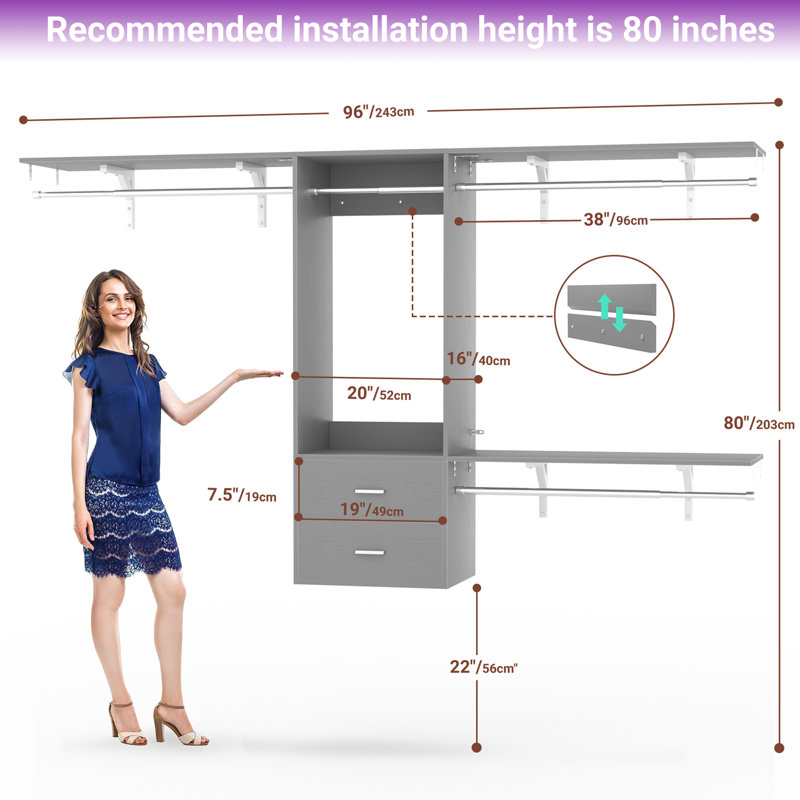 Seward  20.47'' - 96'' W Closet System with 2 Wood Drawers, Gray