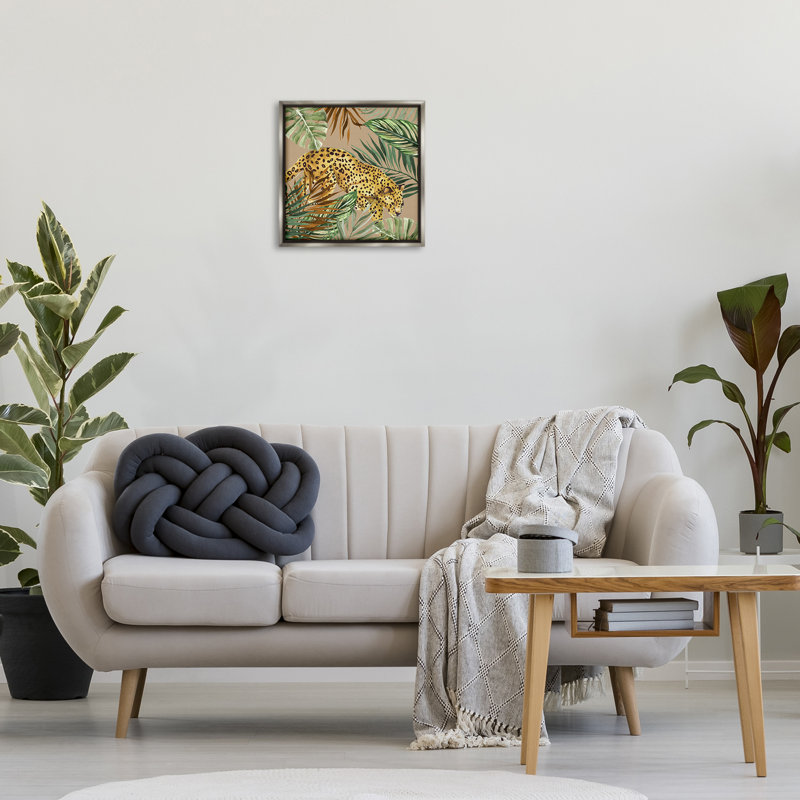 Toile de palmier entourant une toile de léopard encadrée, design par Janet Tava, 18" H x 18" W, Cadre flottant gris lustré