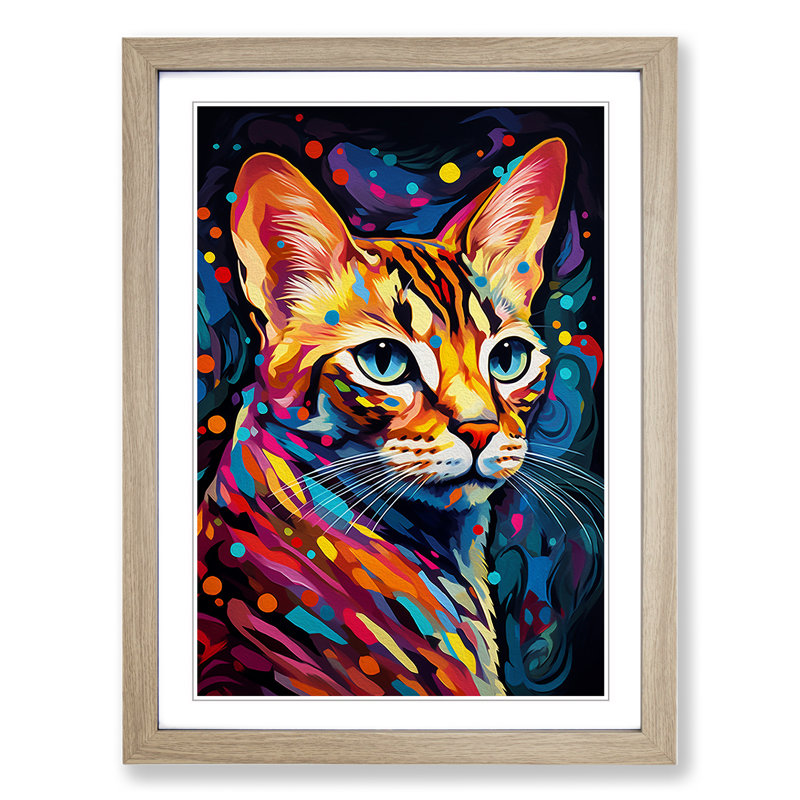 Bengal Cat Orphism No.2 - Single Picture Frame Print on Wood, 64cm H x 46cm W x 2cm D, Oak