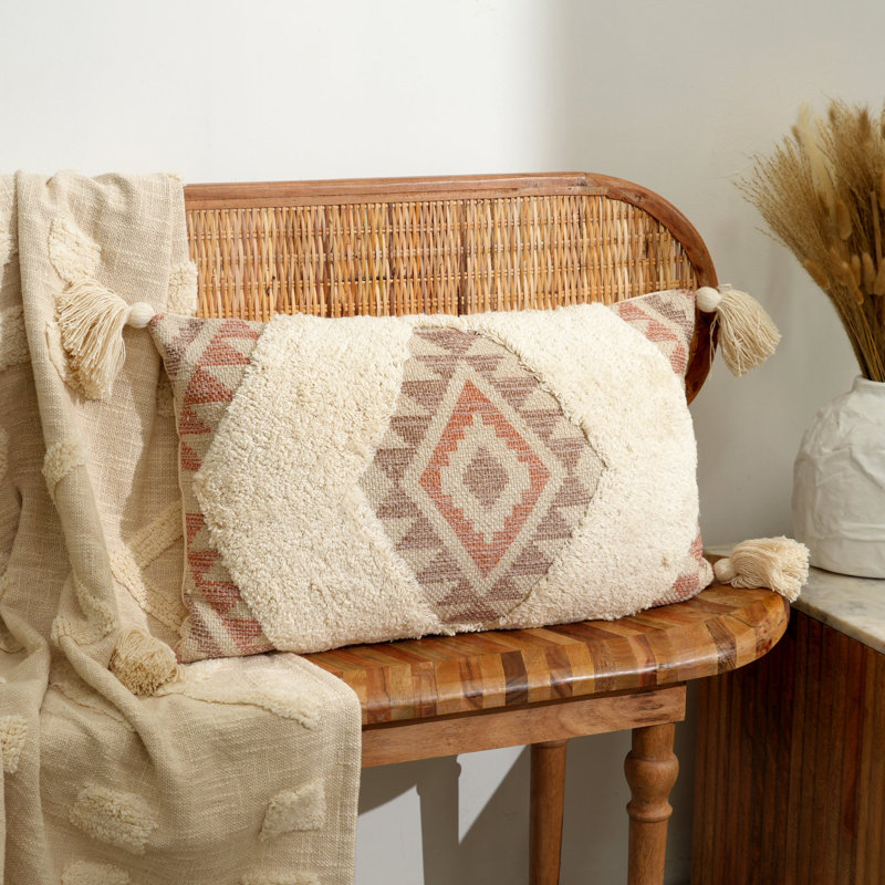 Beige Lumbar Cushion, Beige/Red Chevron, Rectangle 35cmH x 60cmW