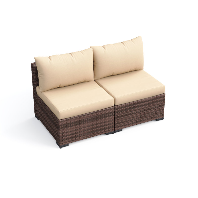 Chaises de patio d'extérieur sans accoudoirs en osier avec coussins 2 places, Khaki