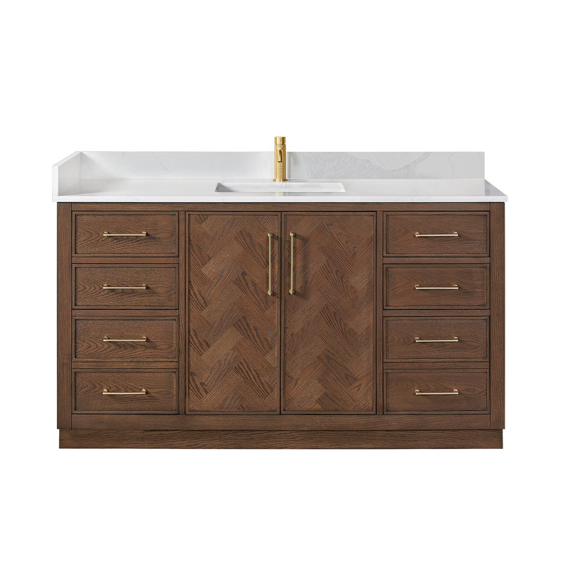 Meuble-lavabo simple 60 po avec plateau en pierre de quartz blanc Jakarta, Chêne brun foncé vieilli, Or brossé, 48"