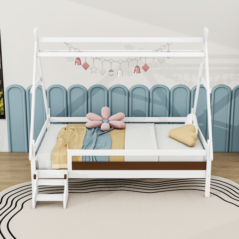Lit plateforme en bois avec escalier, Double, Blanc