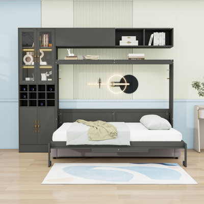 Wood Murphy Bed with Sofa, Shelves, USB Ports and Lights