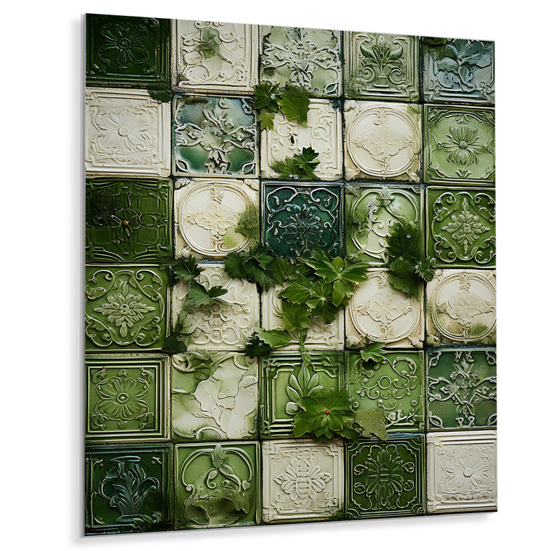 Botanicals Green Floral Tiles IV - Art mural en métal abstrait, H 32 po x l 24 po x P 1 po