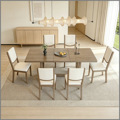 7-Piece Extendable Dining Table Set for 6, Rectangular Kitchen Table with 6 Upholstered Chairs, Curved Back Dining Chairs for Dining Room(Espresso)