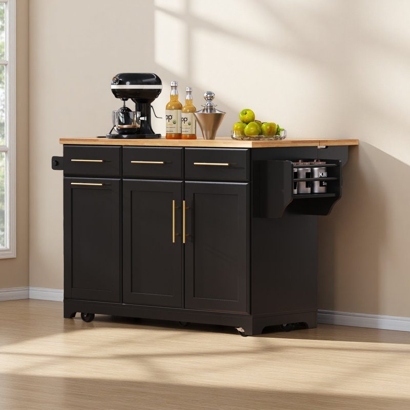 59.3" Kitchen Island With Storage 2 Pull Out Cabinet Organizers & Rubber Wood Drop Leaf, Rolling Kitchen Island With Trash Can Storage
