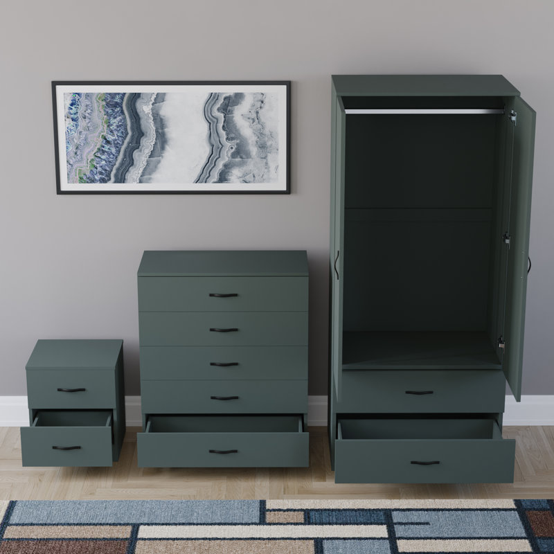 Maybery 3 Piece Bedroom Set (2 Drawer Bedside Chest, 5 Drawer Chest, 2 Door 2 Drawer Wardrobe), (4), Green