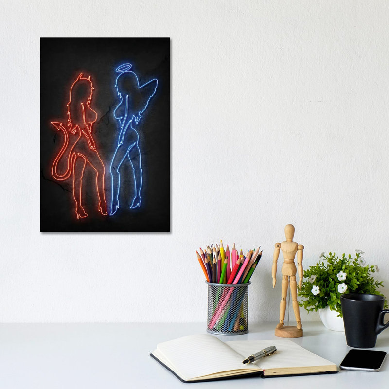 Devil And Angel Neon by Durro Art - Wrapped Canvas Painting, 20.32 cm H x 30.48 cm W