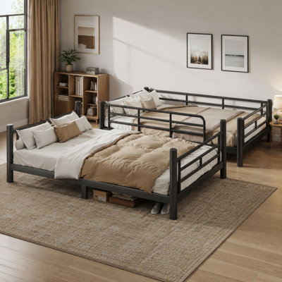 Twin XL Over Twin XL Metal Bunk Bed, Convertible into 2 Separate Beds, Round Tube Noise-Reducing Frame, Space-Saving, No Box Spring Needed, Black for Teens & Adults