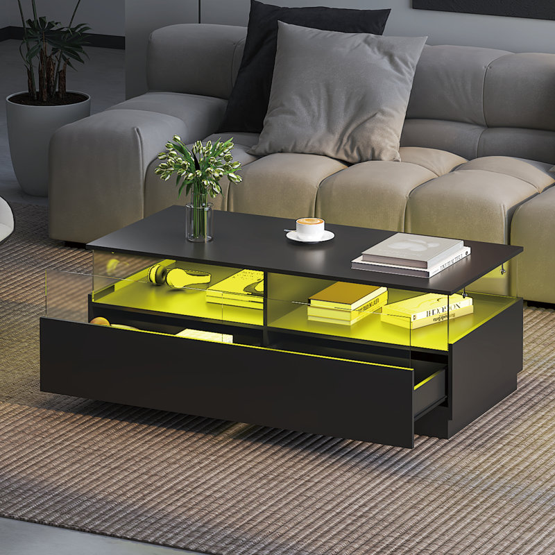 Table basse avec rangement à DEL, table basse rectangulaire avec tiroir coulissant et panneau latéral en acrylique transparent, table centrale ouverte noire avec éclairage intérieur RVB pour le salon