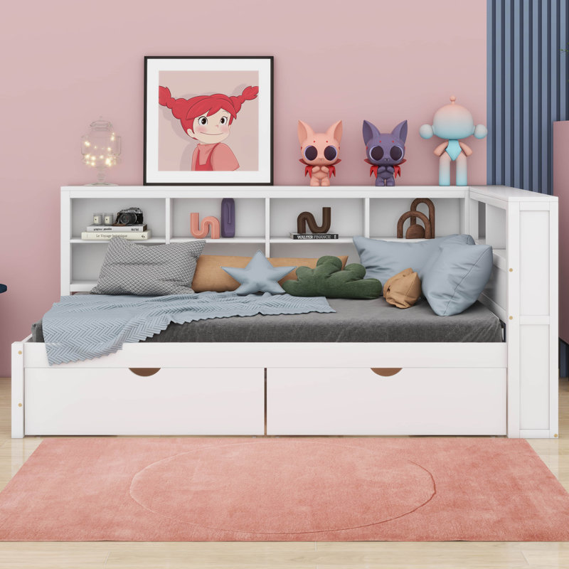 Candrice Wooden DayBed with 2 Drawers, Storage Shelf and USB Charging Ports, Twin, White
