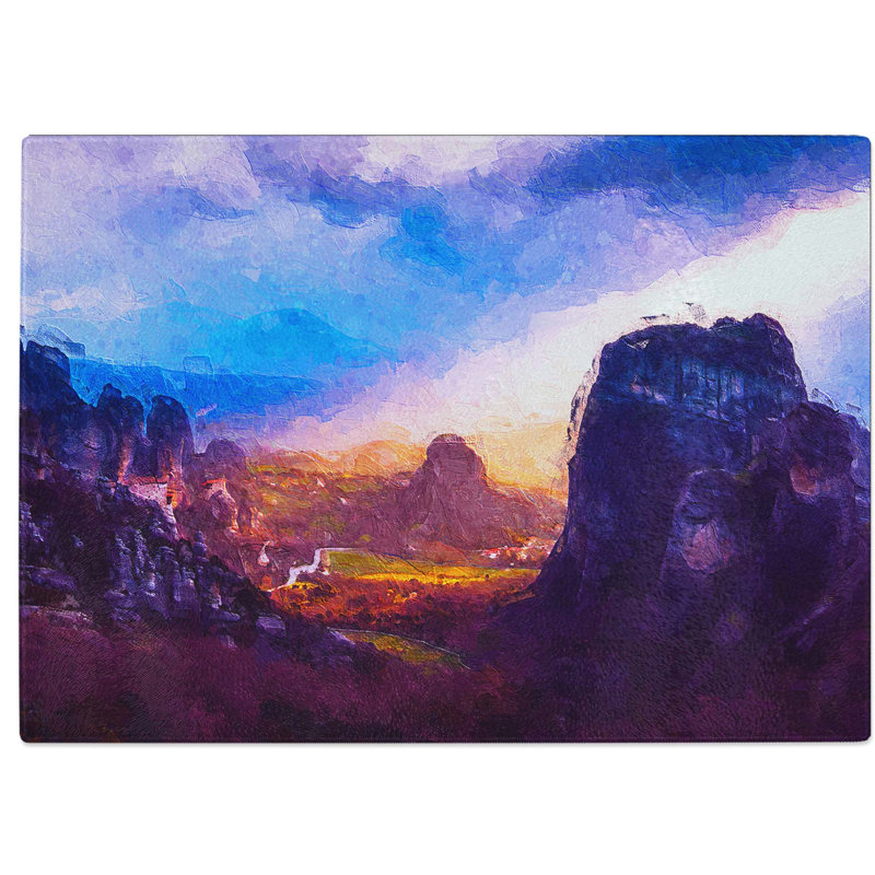 Tempered Glass Sunset over the Mountains in Greece Chopping Board, 39 cm W x 28.5 cm L
