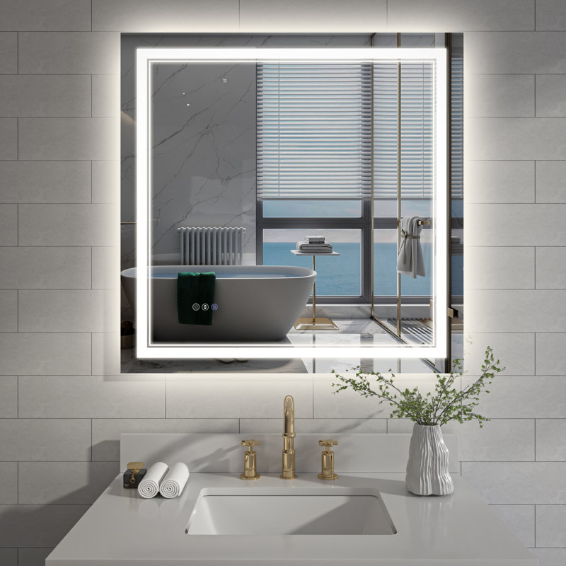 Miroir de salle de bain à DEL à intensité variable avec fonction de désembuage, Square, 36 po x 36 po