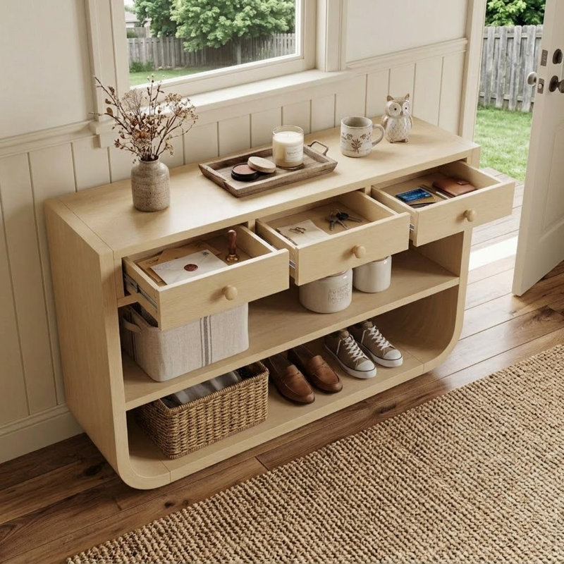 Console moderne à finition peinte avec 3 tiroirs à fermeture douce et 2 tablettes pour le couloir d'entrée, Bleu