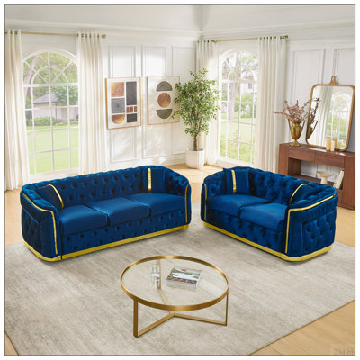 2 Piece Navy Blue and Gold Chesterfield Sofa Set, Luxury Velvet 84.6" 3 Seater & 62.6" Loveseat Couch Set for Living Room with Stainless Steel Decoration and 4 Pillows, Blue