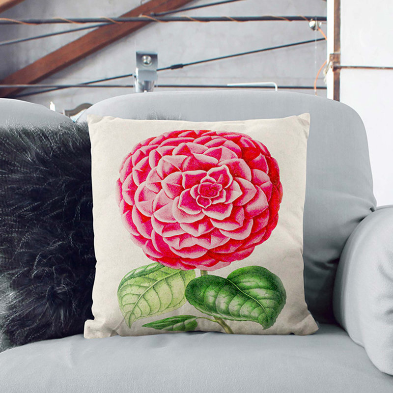 Bright Pink Camellia Flower Illustration Floral Square Throw Cushion, 55cm H x 55cm W x 20cm D, Stone