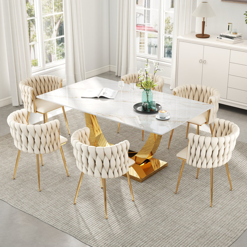 Ensemble de salle à manger rectangulaire à piédestal avec chaise tissée, Beige, H 29,5 po x L 63 po x l 35,4 po