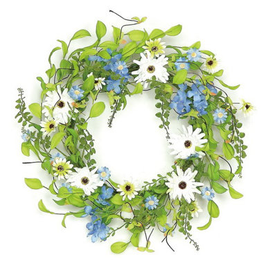 Couronne de fleurs d'hortensias et de marguerites bleues et blanches 22 po