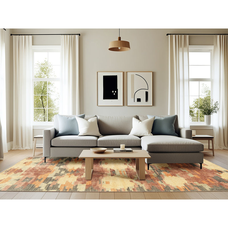 Tapis contemporain orange / jaune, Rectangle 6 pi x 9 pi