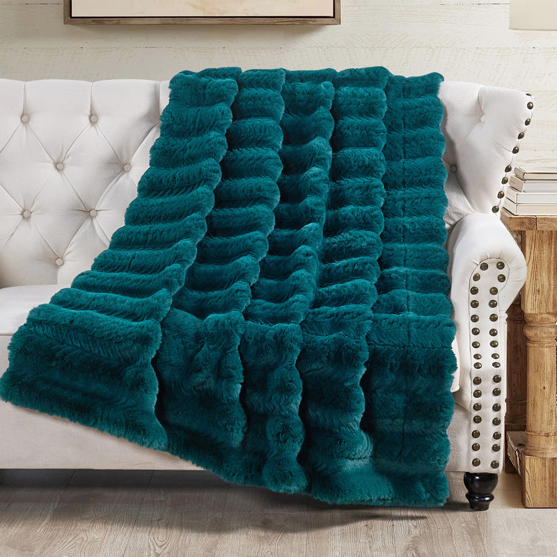 Tread Pattern Rabbit Faux Fur Throw, 60'' x 70", Teal