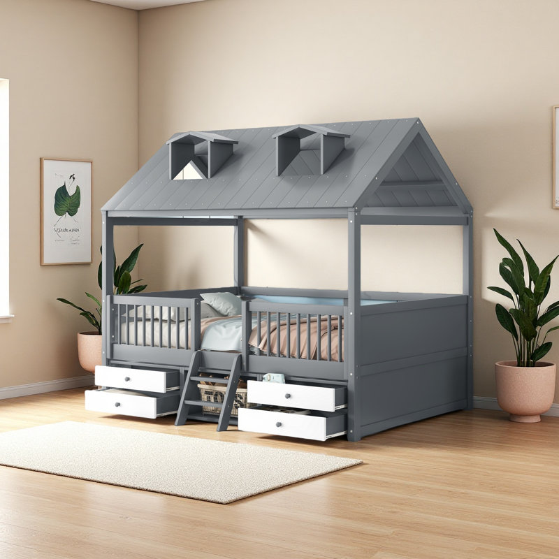 Structure de lit en bois, Gris / Blanc, Lit double