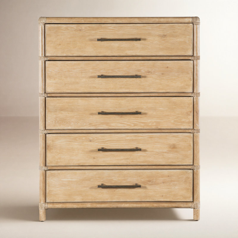Retreat Pole Rattan Five-Drawer Chest, Light Wood/Dune