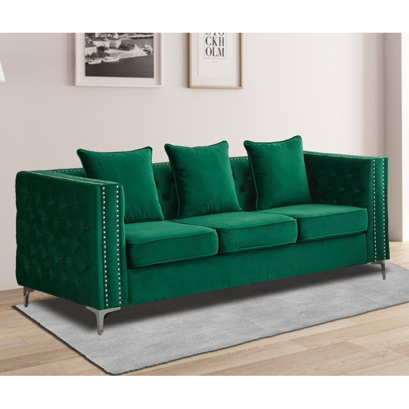 Vanida Charterhouse 86.4" Velvet Tuxedo Arm Sofa, Green Velvet