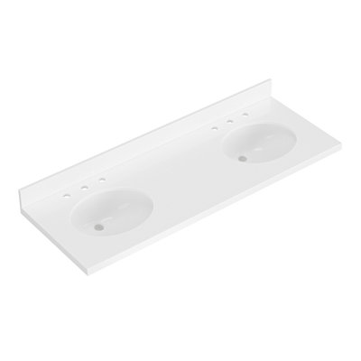ARIEL 61 INCH PURE WHITE QUARTZ BATHROOM VANITY COUNTERTOP 1.5 INCH THICK MITER EDGE WITH OVAL SINGLE SINK AND INCLUDES BACKSPLASH