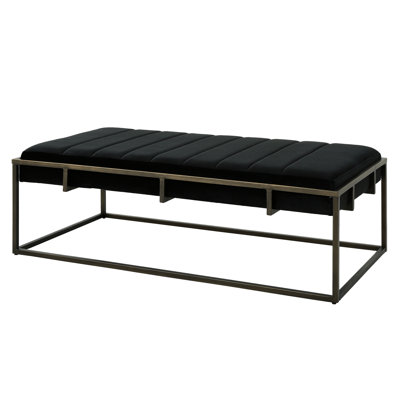 Modern Black Upholstered Bench - Channel , Seating, 49 In Depth, 25 Width, 16 Height With Velvet And Brass Finish Minimalist, Comfortable, Depth