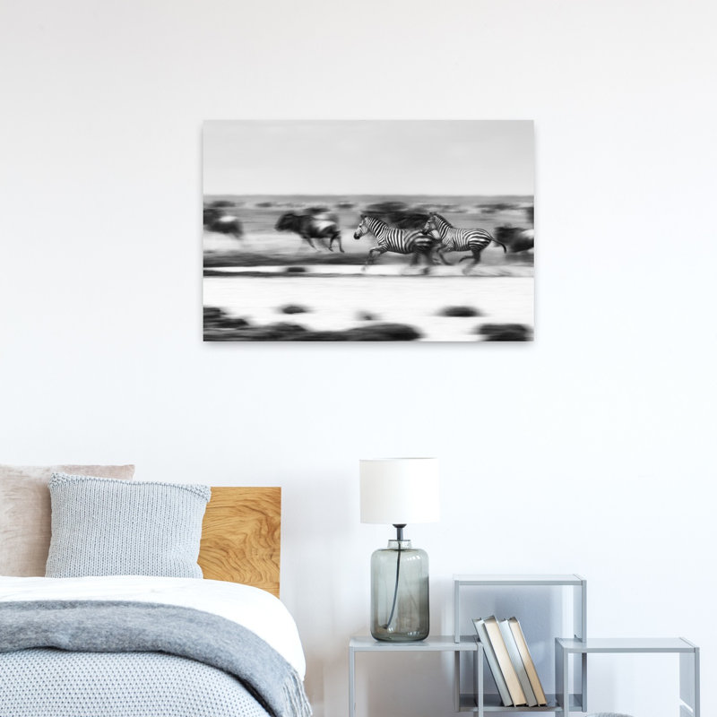 Zebras Wildebeest Run Contemporary Zebra Wall Art Print 1 Piece Wrapped Canvas Wall Art, 60.96cm H x 91.44cm W