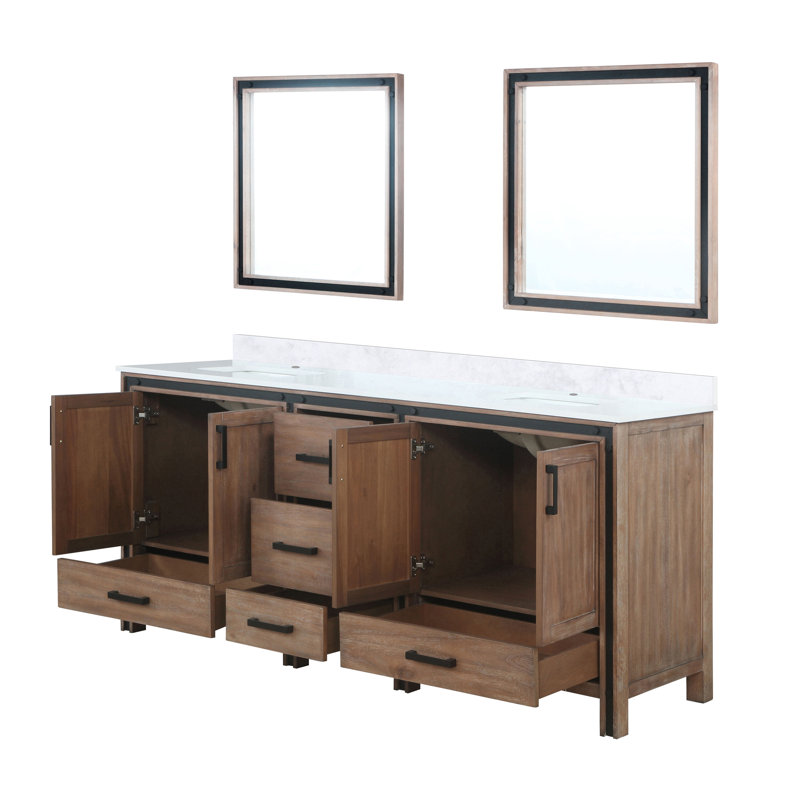 Meuble-lavabo double l 80 po x P 22 po avec plateau blanc et miroirs 30 po Ziva, Blanc, Quartz blanc