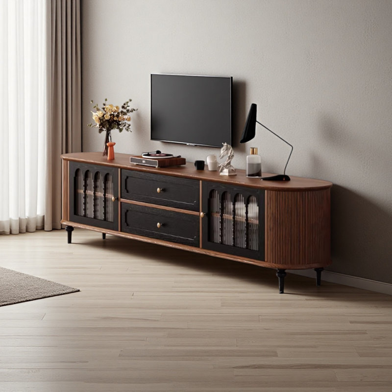 Meuble télé en bois massif de style rétro à bords arrondis, H 21,65 po x L 78,74 po x l 15,74 po